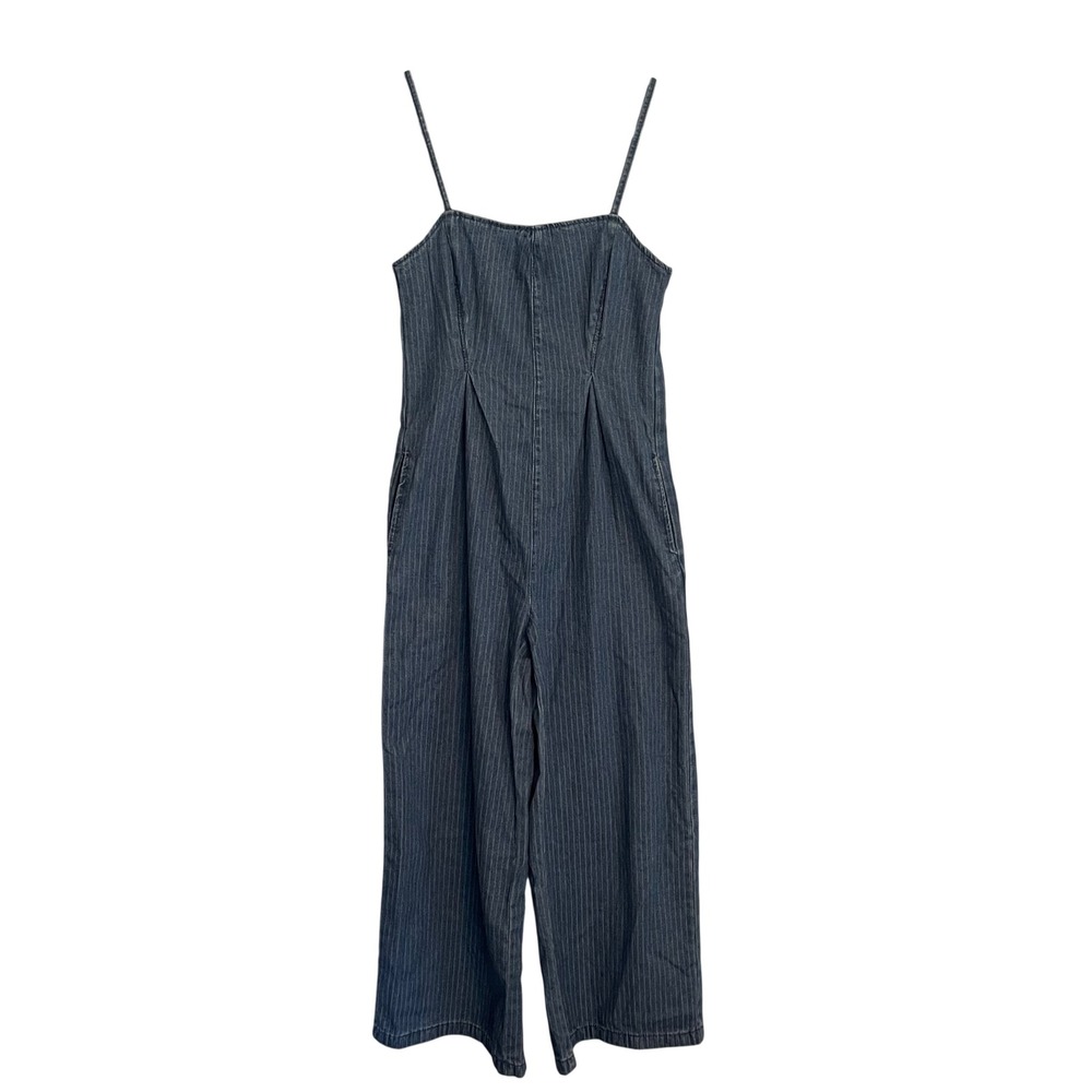 Dazy Pinstripe Denim Jumpsuit Wide Leg Indigo Blue Spaghetti Strap